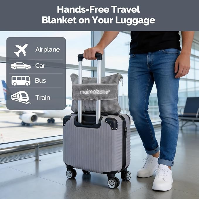 Gray Travel Blanket for Airplane, Soft Lightweight Flannel Blanket, Compact & Portable with Storage Bag, Luggage Strap & Clip, Cozy Travel Essential for Flights, Road Trips & More,40.7''×64.1‘’
