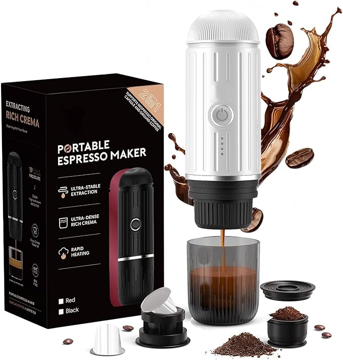 Portable Electric Espresso Machine Self-heating with USB-C, 12V 7800mAh Long battery life Travel Coffee Maker for Camping Hiking Office Car Compatible with NS Capsules & Ground Coffee
