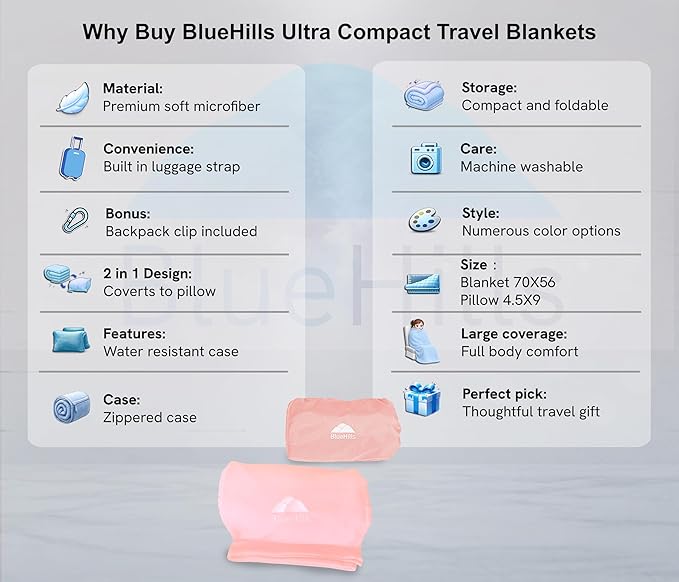 BlueHills Ultra Compact Travel Blanket Pillow in Portable Bag Case Soft with Strap Backpack Clip Premium Cozy Soft Compact Pack Large Blanket for Airplane Flight Layover - (Pink C006, 70 x 56 inch)