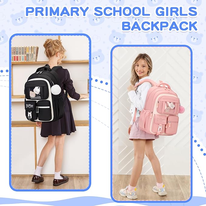 PIG PIG GIRL Kids Backpack for Girls - School Bags for Middle School Students - Book Bag for Elementary Primary - Kawaii Ita Backpack - Black and Beige