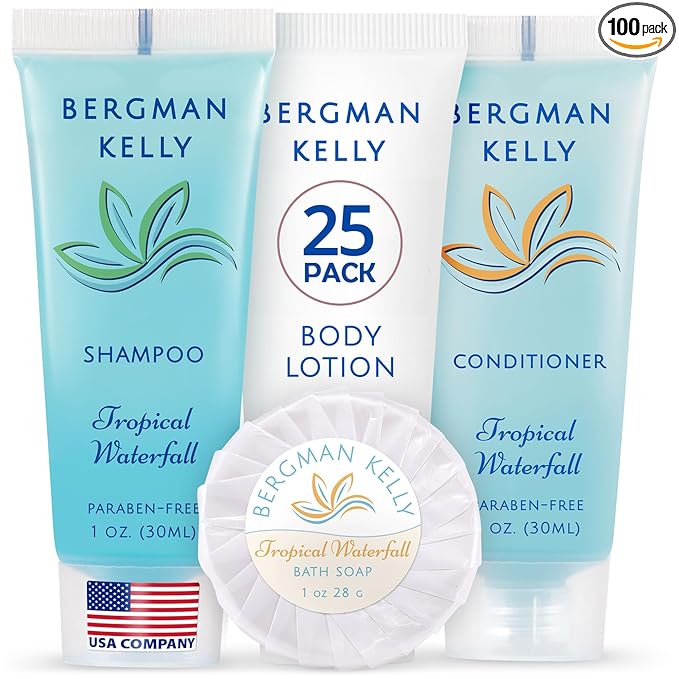 BERGMAN KELLY Hotel Toiletries Bundle (Tropical Waterfall, 1 oz each, 100 Pieces) 4-Piece Set: 25 Round Bar Soap, 25 Shampoo, 25 Conditioner & 25 Body Lotion - Bulk Mini Guest Amenities Supply