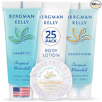 BERGMAN KELLY Hotel Toiletries Bundle (Tropical Waterfall, 1 oz each, 100 Pieces) 4-Piece Set: 25 Round Bar Soap, 25 Shampoo, 25 Conditioner & 25 Body Lotion - Bulk Mini Guest Amenities Supply