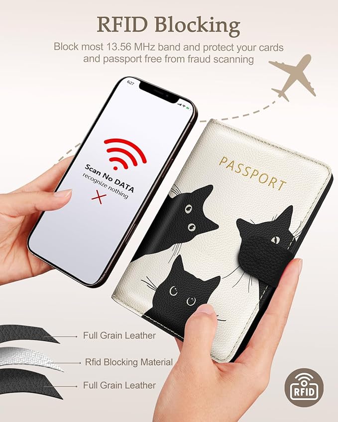 Slohif Passport Wallet Holder Cover for Travel - Women Men RFID Blocking Passport Book Case Protector, Cream Cute Black Cat Leather Personalized Organizer Slim Carrier Boarding Pass Cards Slots