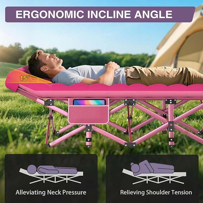 ZENPETIO Camping Cot for Adults - Heavy-Duty Cot Bed with Mattress, Portable Sleeping Cots for Outdoor Indoor, 1200D Oxford Folding Cots for Home Travel, Max Load 500LBS, Pink28in