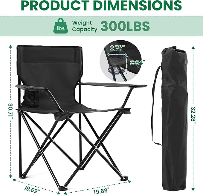 2 Pack Folding Camping Chairs for Adults,Foldable Portable Beach Chairs with Carry Bag & Cup Holder, Compact Design for Camping,Beach, Picnics,and Fishing Supports 300LBS（Dark Black）