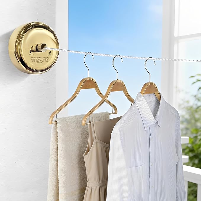 Retractable Clothesline,Wall Mounted Adjustable Clothing Rope for Shower Room Bathroom Laundry (Gold)