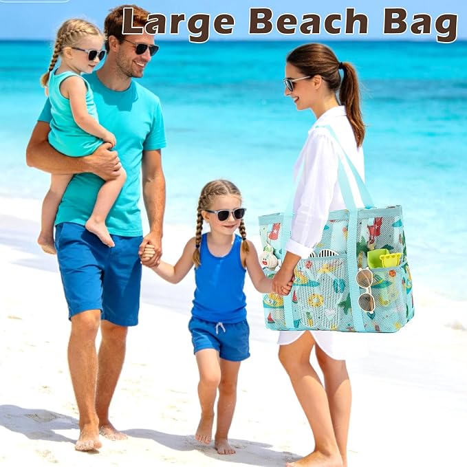 Fammart Mesh Beach Bag with Zipper, Large Beach Tote for Women, Toys Pool Swim Bag Travel Vacation Cruise Essentials