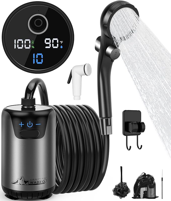 WADEO Portable Shower, 6000mAh Rechargeable Camping Shower Pump with 10 Spray Modes, Fahrenheit Display, IPX7 Waterproof, Ideal for Outdoor Camping, Travel, Car Washing, Pet Bathing (Silver Gray)