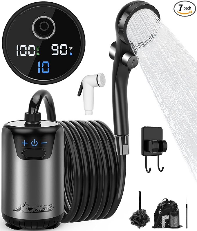 2026 Upgraded Portable Shower for Camping, Rechargeable Camping Shower with Intelligent LED Display, 10 Spray Modes, IPX7 Waterproof Outdoor Camp Pump for Hiking, Travel, Car, Pet