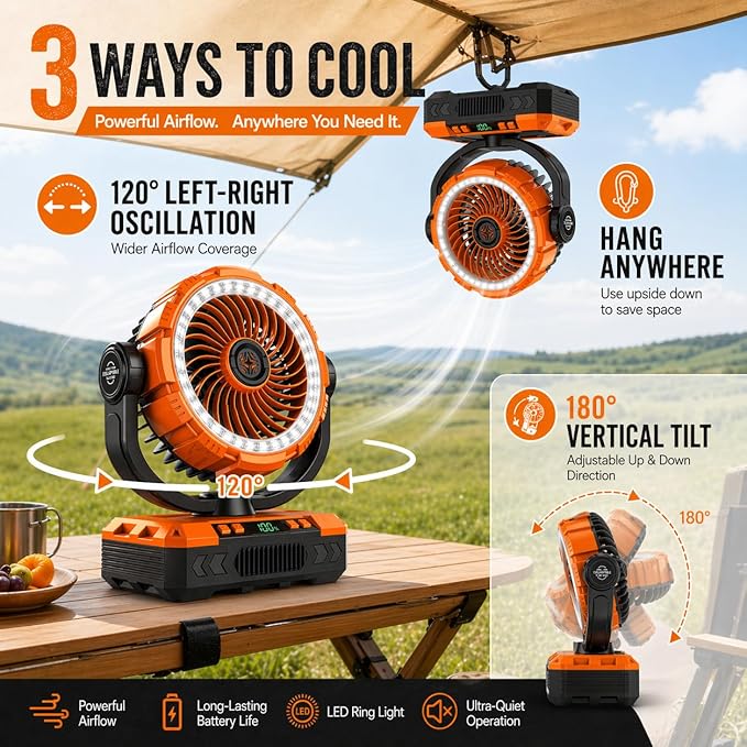 Rechargeable Camping Fan with Oscillating,【Max 60Hrs】Portable Battery Powered Operated Fan,20000mAh Outdoor Turbo Tent Fan & Light,Timer,Hook for Travel,Fishing,Jobsite,Beach,Indoor,Camping Essential