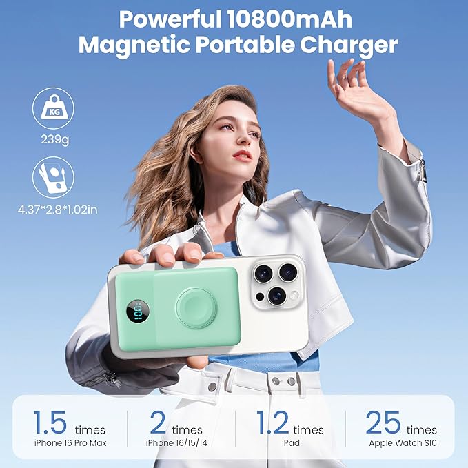 6 in 1 Magnetic Portable Charger for iPhone with Built-in Cables, 10800mAh 25W PD Fast Charging Power Bank, 6 Outputs LCD Display Travel Essential Battery Pack for iPhone 17/16/15/14/13/12 (Green)