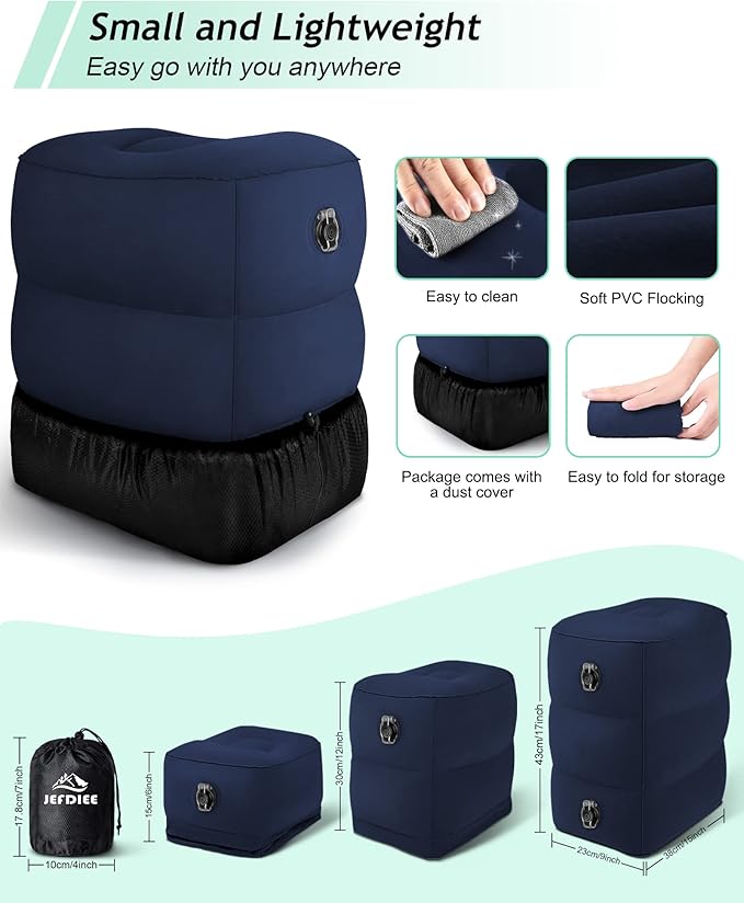Inflatable Travel Foot Rest Pillow, Kids Airplane Bed, Adjustable 3 Layers Height Leg Rest Pillow, Adults Travel Essentials Great for Airplane, Office, Home, Trains, Cars (Blue)
