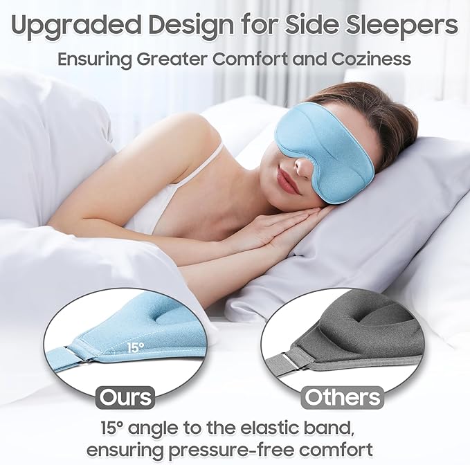 Sleep Mask - Total Blackout 3D Sleeping Mask, Super Lightweight & Silky Soft Eye Mask for Sleeping, Fully Adjustable Fit for Home, Traveling, Meditation, Yoga, Light Blue, Mothers Day Gifts