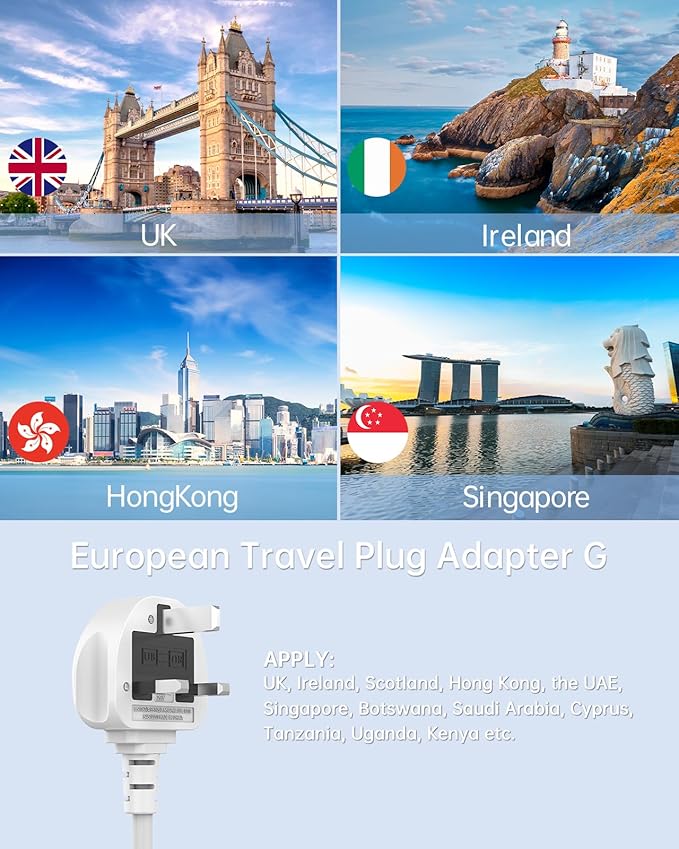 UK Travel Plug Adapter with USB C, 6FT Extension Cord, US to UK Ireland Plug Adapter Type G Travel Adapter with 3 Outlets 3 USB Ports for Scotland London England British Irish Kenya Dubai Travel