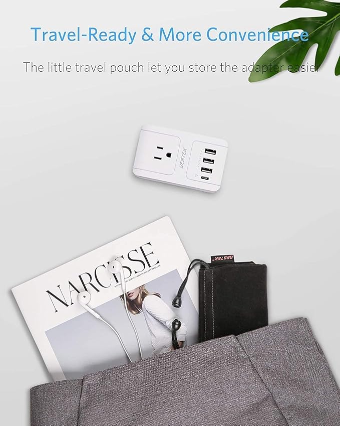 BESTEK International Travel Adapter, 3000W European Travel Plug Adapter for Hair Dryer Curling Iron, USB Travel Wall Charger with Worldwide Wall Plugs for US, EU(PD35W,1004, White)