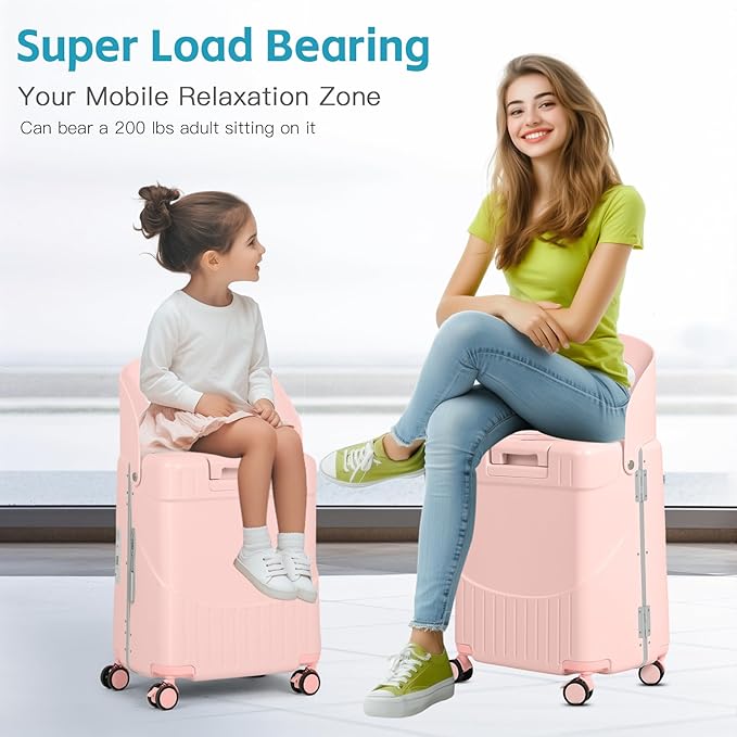 advwin 20" Carry-On Luggage with Seat for Kids & Adults, Lightweight Hardside Ride-On Suitcase with Front Opening, TSA Lock, 360° Spinner Wheels (Pink, 20-inch)