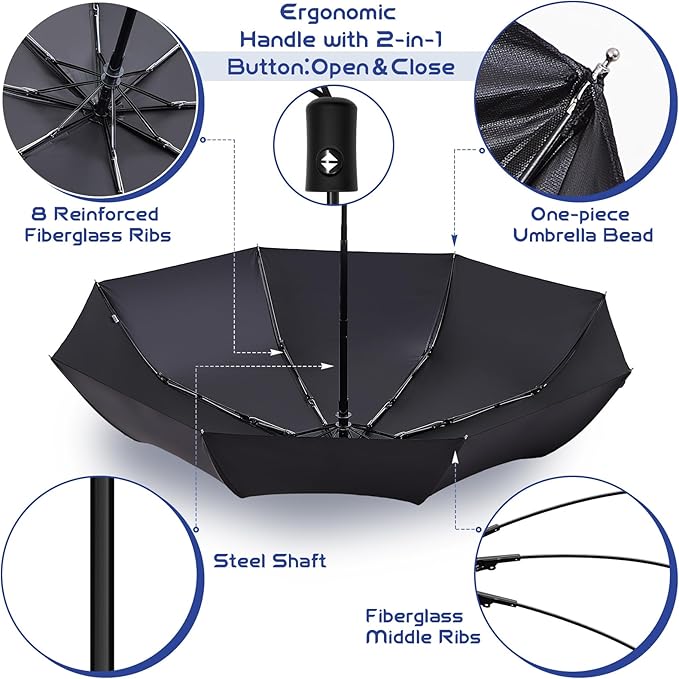 Amylove Windproof Travel Compact Umbrellas Bulk Wind Resistant Folding Auto Open and Close Rain Automatic Travel Collapsible Portable Umbrellas for Men and Women Gifts 4 Colors