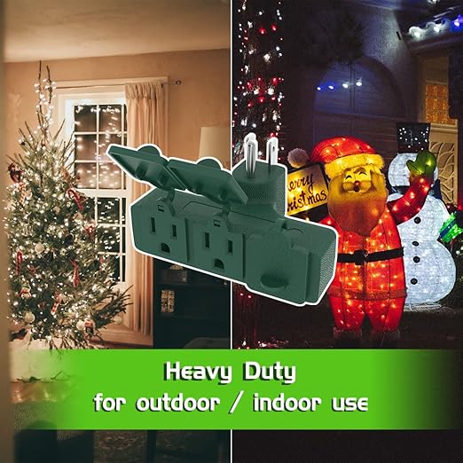 Outdoor Plug Extender, 3 Outlet Splitter with Safe Cover, Heavy Duty Waterproof Multi Plug for Christmas & Holiday Decorations, 1875W/15A ETL Listed, Green, 2 Pack