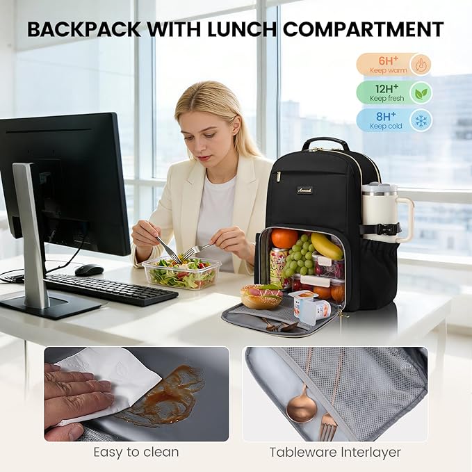 LOVEVOOK Lunch Backpack with Lunch Compartment,15.6 Inch Laptop Work Travel Insulated Cooler Backpack Purse,Waterproof College Teacher Nurse Lunch Bag Box with Tumbler Holder,Gifts for Men Women,Black