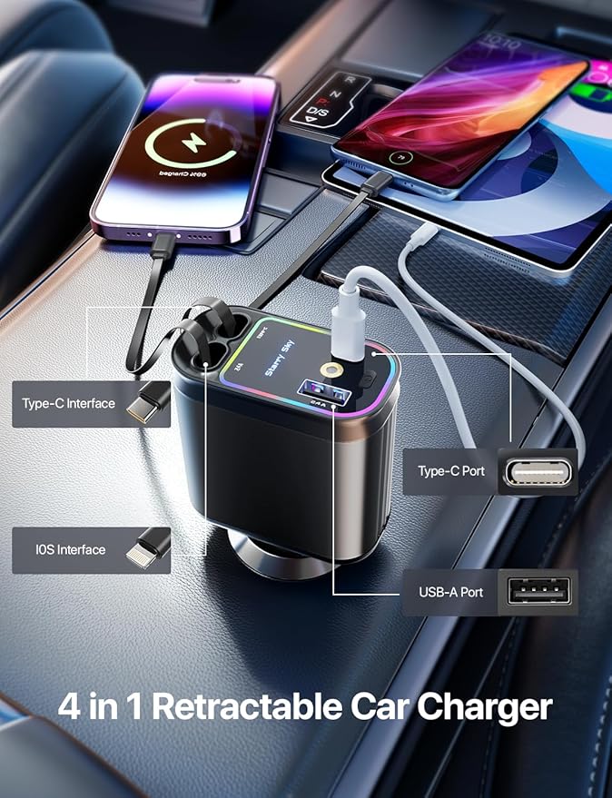 Retractable Car Charger with Starlight, 66W Starlight in Car roof 4 in 1 Retractable Car Phone Charger Adapter, Fast Charging USB C Cable, Compatible with iPhone 17/16/15/14/13/12
