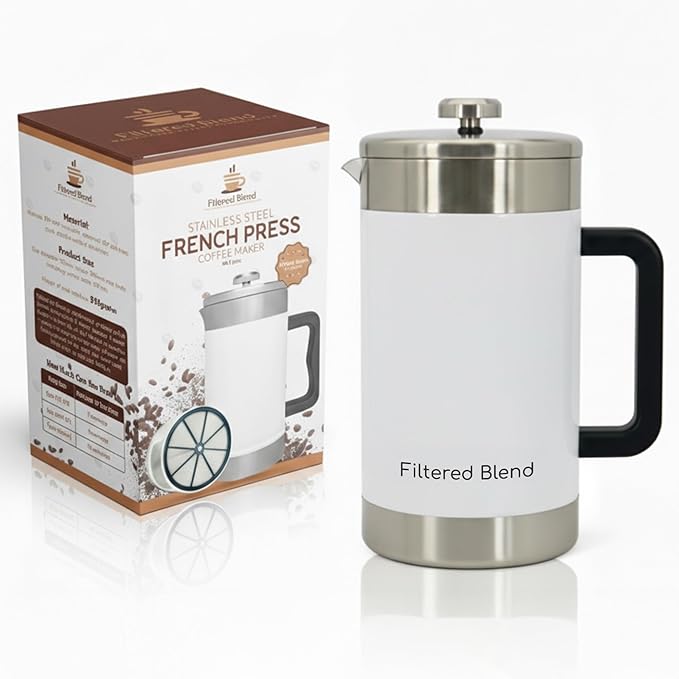 1.6L French Press Coffee Maker, 54oz Large Capacity French Press Stainless Steel Brewer with Double Filter Mesh for Kitchen Travel Camping, Hot & Cold Brew Coffee Maker Gifts (White)