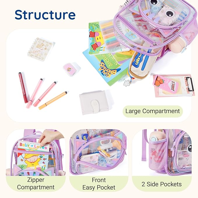 mommore Clear Backpack for Kids Cartoon Kitty Backpack for Girls 4-8 Water-Resistant See Through Cartoon Toddler Bookbag with Chest Strap for Preschool Kindergarten Travel, Purple