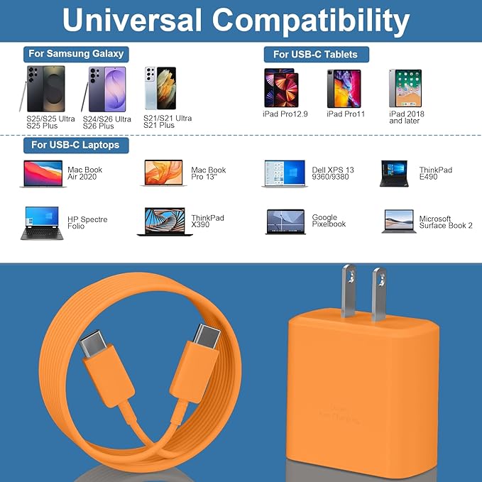 Super Fast Charger USB C, 45W Type C Charger Fast Charging Cable Block for Samsung Galaxy S26 S25 S24 S23 Ultra/S26 S25 S24 S23 S22 S21 S20/Note 10/20, PPS Wall Charger with 6.6FT Cord-Orange