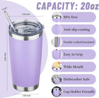 20 oz Tumbler with Lids and Straws, Stainless Steel Insulated Travel Coffee Mug, Double Wall Vacuum Insulated Tumblers, Powder Coated Coffee Tumbler for Cold & Hot Drinks (Light Purple,6pack)