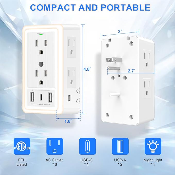 Wall Outlet Extender with USB Charging Ports 9 in 1 Plug Extension Block Multiple AC Outlets Splitter Power Hub Wall Tap 1500J Surge Protection Night Light Dusk to Dawn Sensor Switch ETL Listed