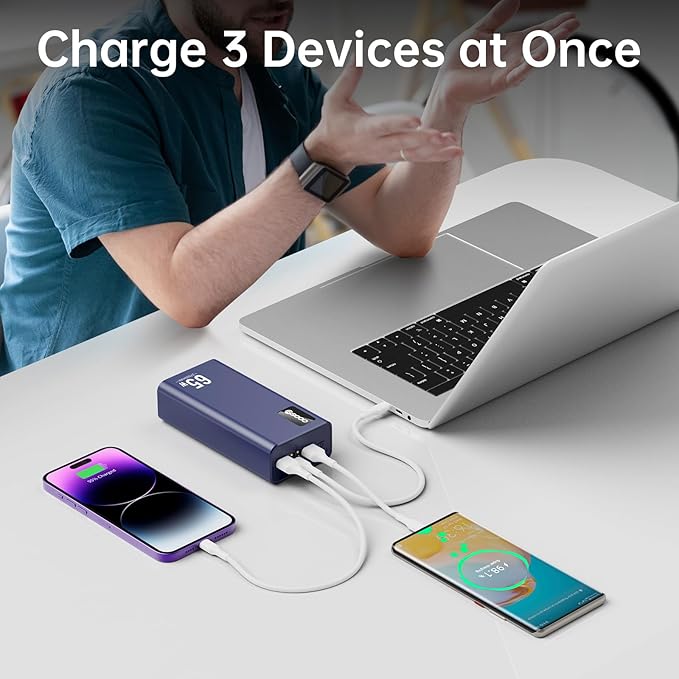 PSOOO Portable Charger 27000mAh 65W PD Fast Charging Power Bank, 3-Port External Battery Pack with LED Flashlight, Compatible with iPhone, Samsung, MacBook, Tablet, Travel & Outdoor Use (Blue)