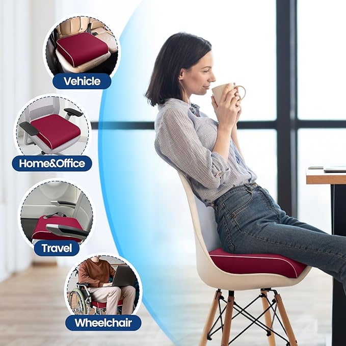 SweetSlubr Seat Cushion for Tailbone Pain Relief, Office Chair Cushion, Memory Foam Large Chair Cushion with Non-Slip Cover for Soft Support at Office Chair, Car Seat, Airplane Red/X-Large