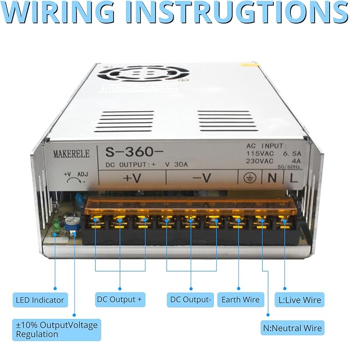 MK-SMPS-S360-12 DC 360W Switching Power Supply Converter, AC 110V-220V to DC 12V Power Supply Transformer Driver Adapter, Universal Regulated Switching 30A for Strip 3D Printer CCTV Camera Motor Pump