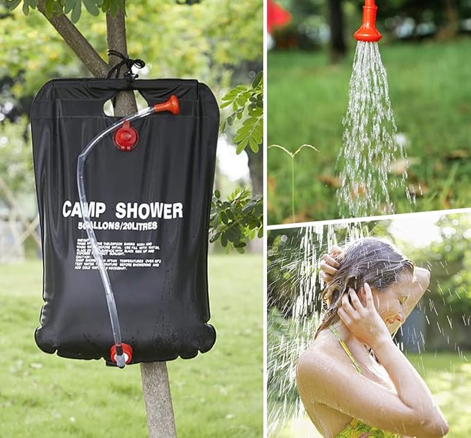 DkOvn Solar Shower Bag, 5 Gallons/20L Camping Shower Bag, Portable Shower Bag with Removable Hose and On-Off Switchable Shower Head for Camping Beach Swimming Outdoor Traveling