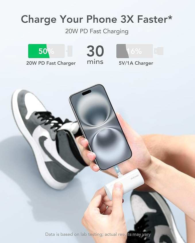 charmast Portable Charger USB C for iPhone 17/16/15, 5000mAh Fast Charging Power Bank with Built-in Type-C Connector, 20W Mini Battery Pack for iPhone 17/16/15 Series, Samsung S25/S24/S23, and More