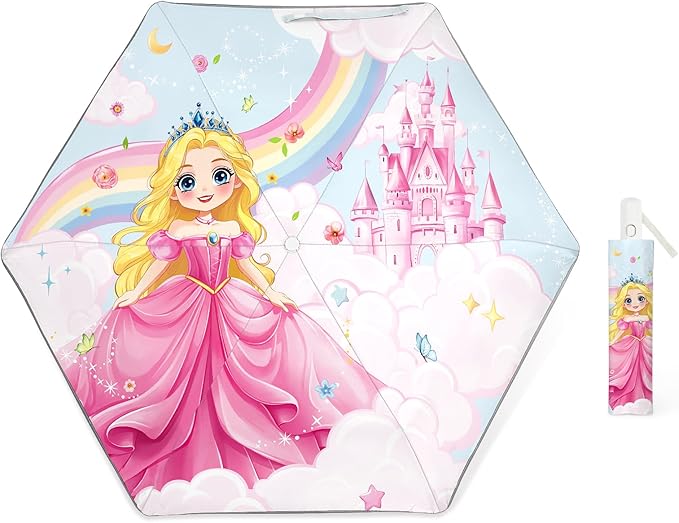 Kids Folding Umbrella Auto Open/Close Umbrellas for Rain Round Corner Safe Design UV Resistant Automatic Children Travel Umbrellas Reinforced Canopy 360° Reflective Strip Lightweight for Girls & Boys