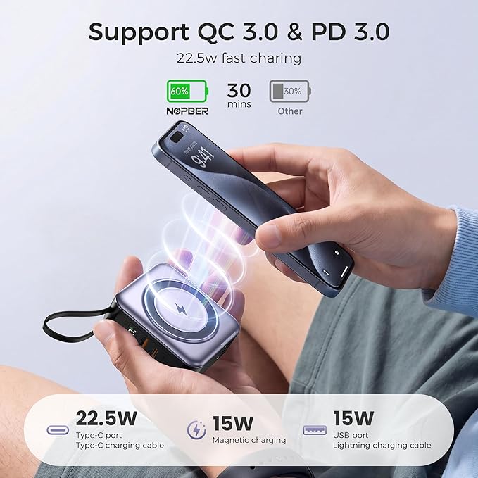 6-in-1 Magnetic Portable Charger 10000mAh – 22.5W Fast Charging with AC Wall Plug Built-in USB-C & Lightning Cables for iPhone 17/16/15/14/13/12, Android & Samsung (Silver Gray)