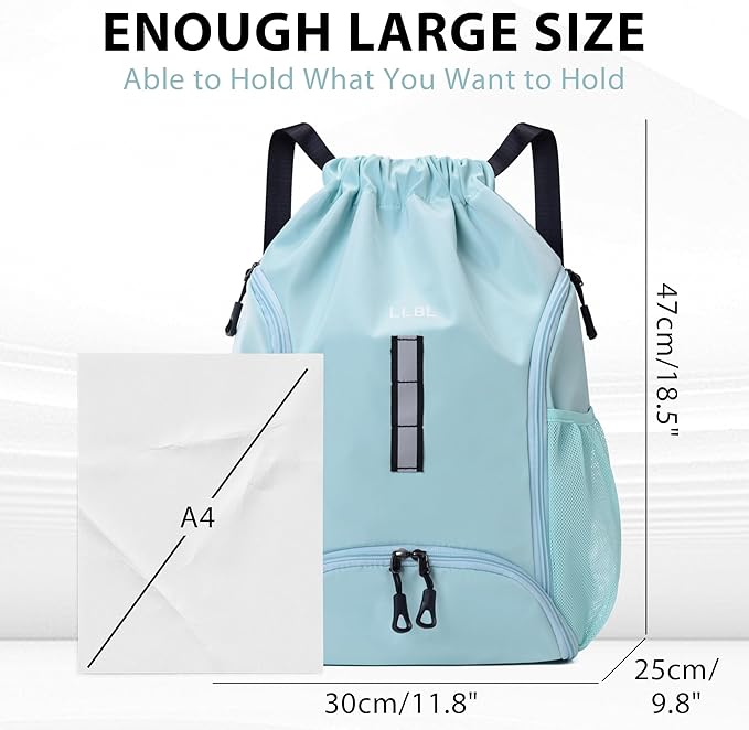 Drawstring Gym Backpack, Sports Bag with Adjustable Shoulder Straps, Cinch Sack for Fitness, Swimming, Travel (Mint)