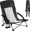 DUMOS Low Beach Chair for Adults, Lightweight Folding Beach Chair with Cup Holder, Storage Bag, Breeze Mesh Back, Padded Armrests, Compact Low Profile Chair for Camp, Picnic, Lawn, Sand