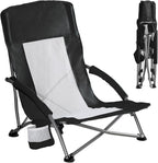 DUMOS Low Beach Chair for Adults, Lightweight Folding Beach Chair with Cup Holder, Storage Bag, Breeze Mesh Back, Padded Armrests, Compact Low Profile Chair for Camp, Picnic, Lawn, Sand