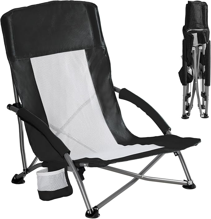 DUMOS Low Beach Chair for Adults, Lightweight Folding Beach Chair with Cup Holder, Storage Bag, Breeze Mesh Back, Padded Armrests, Compact Low Profile Chair for Camp, Picnic, Lawn, Sand