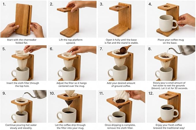 Tapanti store.Chorreador,Costa Rican handcrafted foldable wooden pour-over coffee maker.Includes a reusable cloth filter.Embedded Sloth wooden hand painted design.Light Cedar.Perfect for travel