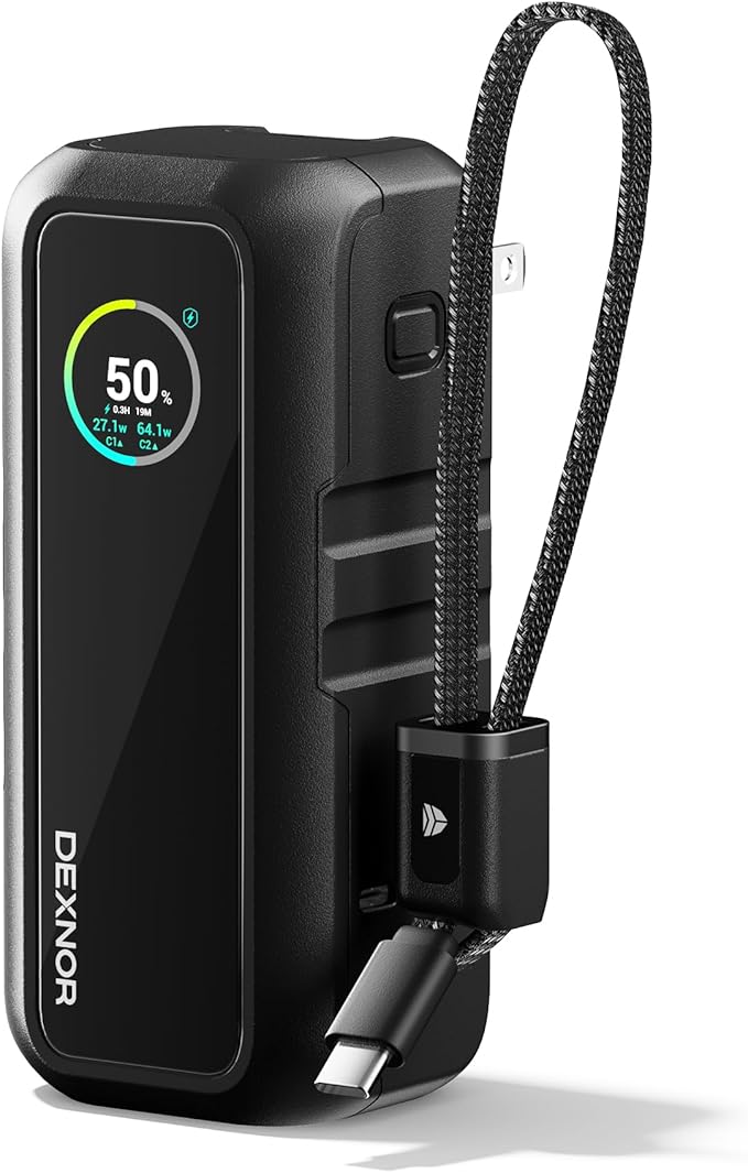 Dexnor 3-in-1 Portable Charger, 15,000mAh 65W Power Bank with Foldable AC Wall Plug and Built-in USB-C Cable, Fast Charging Battery Pack for iPhone, iPad, MacBook, Samsung, Cell Phones, Laptop etc.