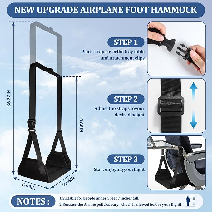 Airplane Foot Hammock, Travel Essentials Thickened Bamboo Foot Rest for Plane Travel with Adjustment Strap, Long Flight Must Haves (1-pcs Black)