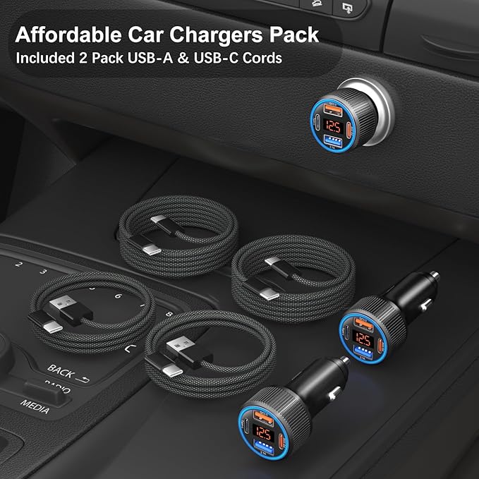 65W 4 Port Super Fast Type C Car Charger USB C for Samsung S25 S24 S23 Ultra A53 A16, iPhone 17 16 15 PD/QC 3.0 Fast Charging 12V Car Cigarette Lighter Adapter with Voltage Meter+4 Pack USB-C Cables