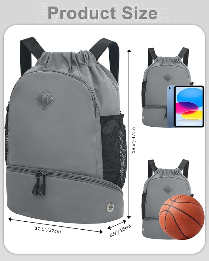 RHDZO Drawstring Backpack Gym Backpack with Shoe Compartment for Men Women String Sports Bag with Wet Pocket Cinch Swim Beach Bag, Large Gray