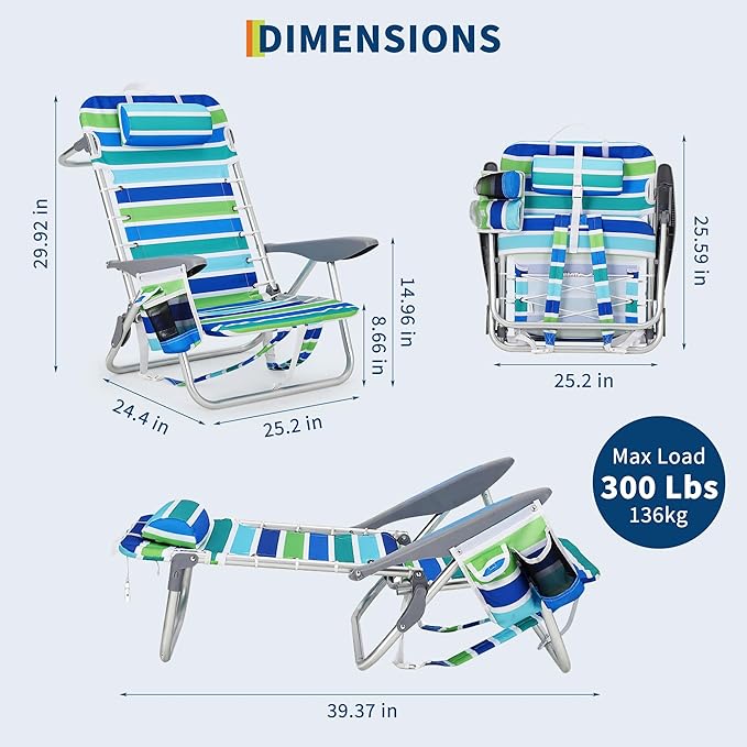 GarveeLife Backpack Beach Chair for Adults 2 Pack, Lightweight Portable Lay Flat Folding Beach Chair with 5 Positions, Backpack Straps, Phone Pocket, Cup Holder & Towel Bar, Support to 300 LBS