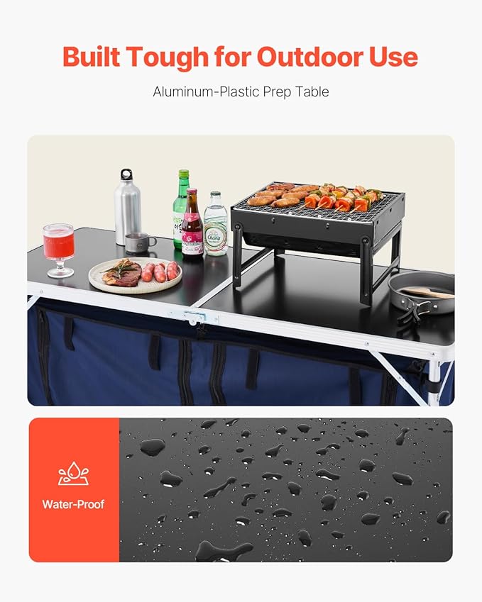VEVOR Camping Kitchen Table, Folding Outdoor Cooking Table, 3 Adjustable Height, Aluminum Lightweight Portable Cook Station with Storage Organizer, Carry Handle, for BBQ Party Picnic RV Travel, Blue