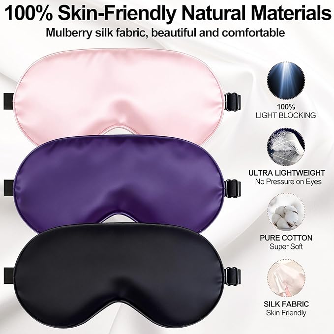 spacepower Sleep Mask, Silk Eye Mask for Sleeping with Adjustable Strap, Blindfold Eyeshade for Men & Women, Comfortable & Soft Eye Cover Eyeshade for Night Sleep（Black&Light Pink&Purple）