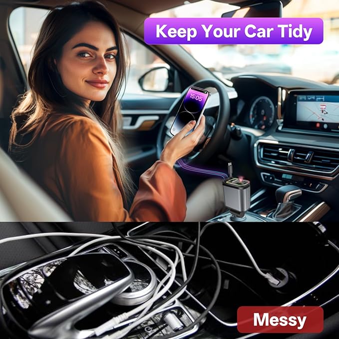 BERTHALESS Retractable Car Charger, 4 in 1 Fast Charging Car Charger USB-C & USB-A Compatible with iPhone 16/15/14/13/12/11,Galaxy,Pixel,with Red Starry Sky Light