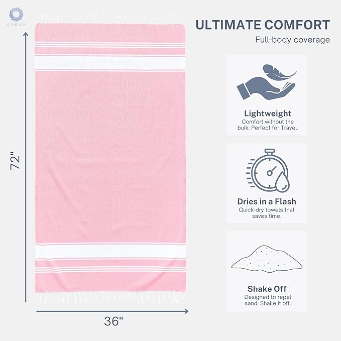 Cotton Turkish Beach Towel with Towels Oversized 36"x72" Pool Absorbent Extra Large Quick Dry Sand Travel Towel (Pink, 4 Pack)